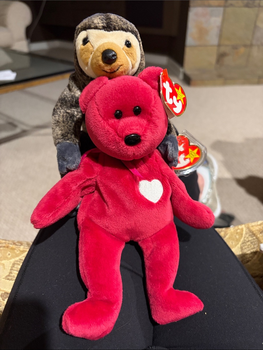 Ty Sloth and pink bear Plush with White Heart - Cute Beanie Buddy